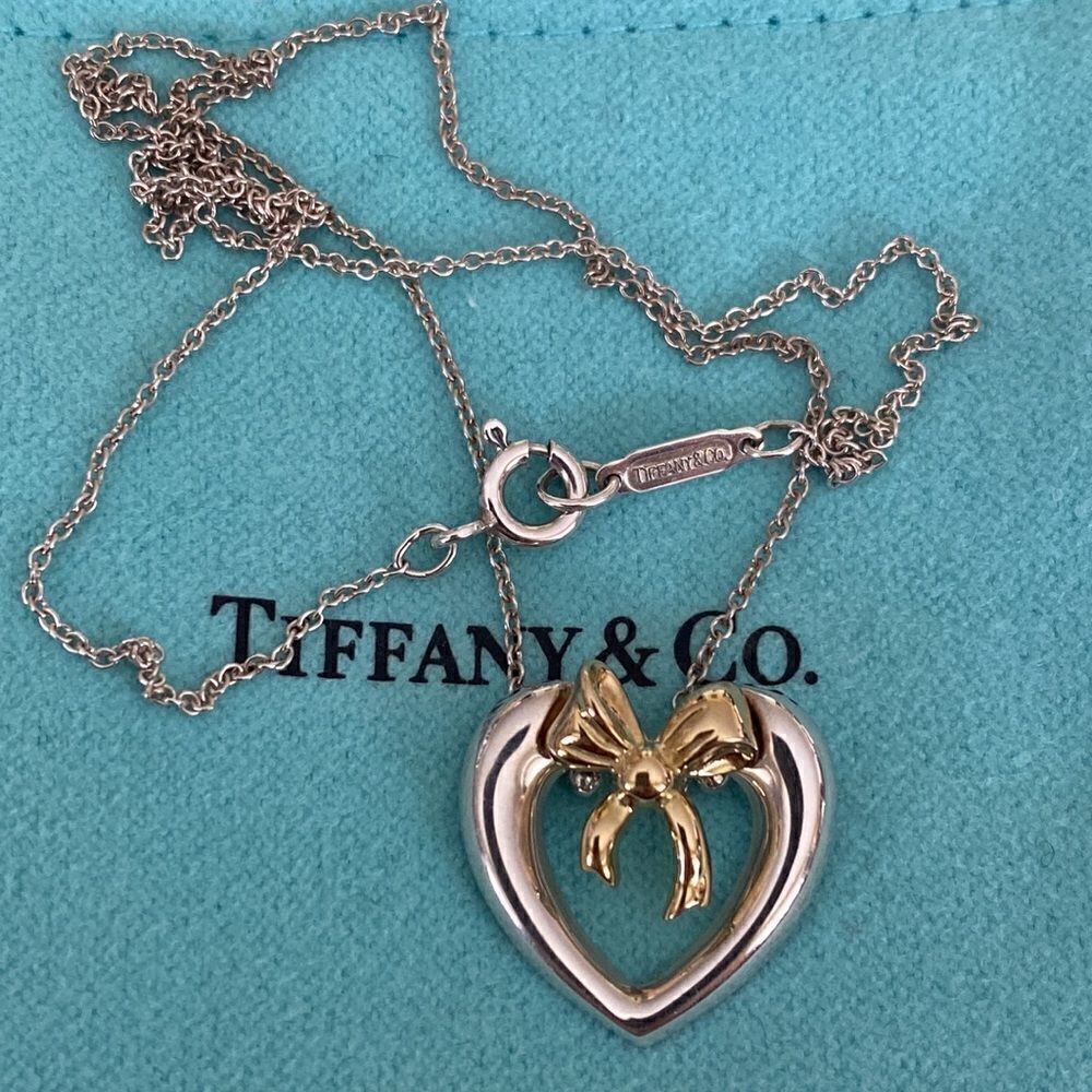 Tiffany & Co. 18K Gold / 925 Sterling Silver Heart & Ribbon Pendant Necklace